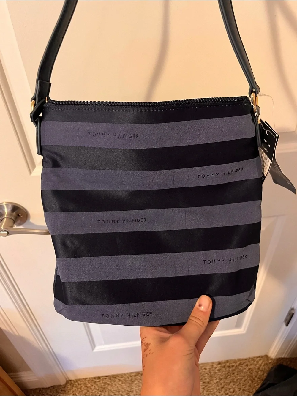 Tommy Hilfiger Navy and Dark Blue Striped Messenger Bag with clutch wallet